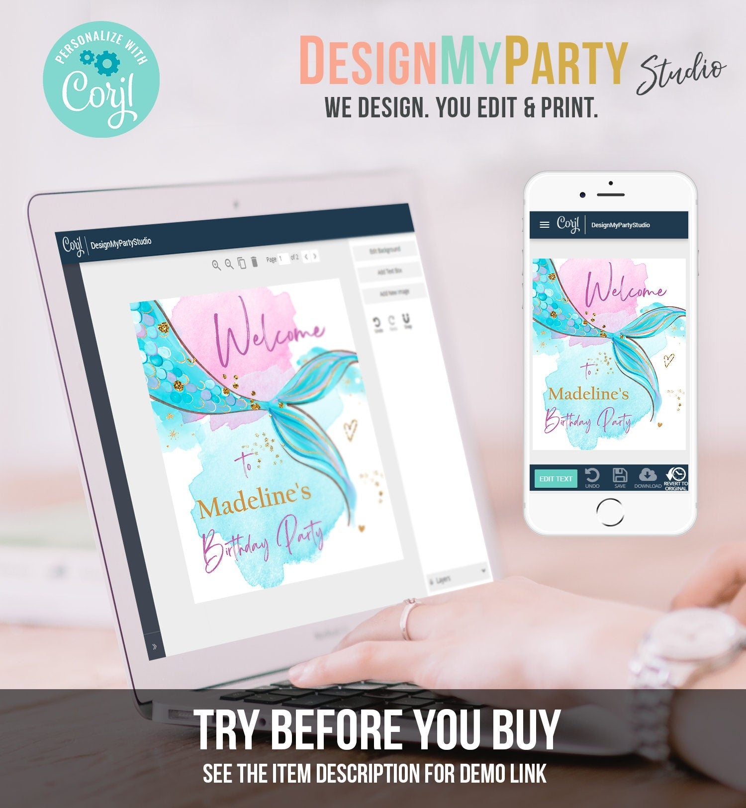 Editable Mermaid Welcome Sign Mermaid Birthday Sign Girl Mermaid Tail Birthday Decor Welcome Under The Sea Digital Template Printable 0403