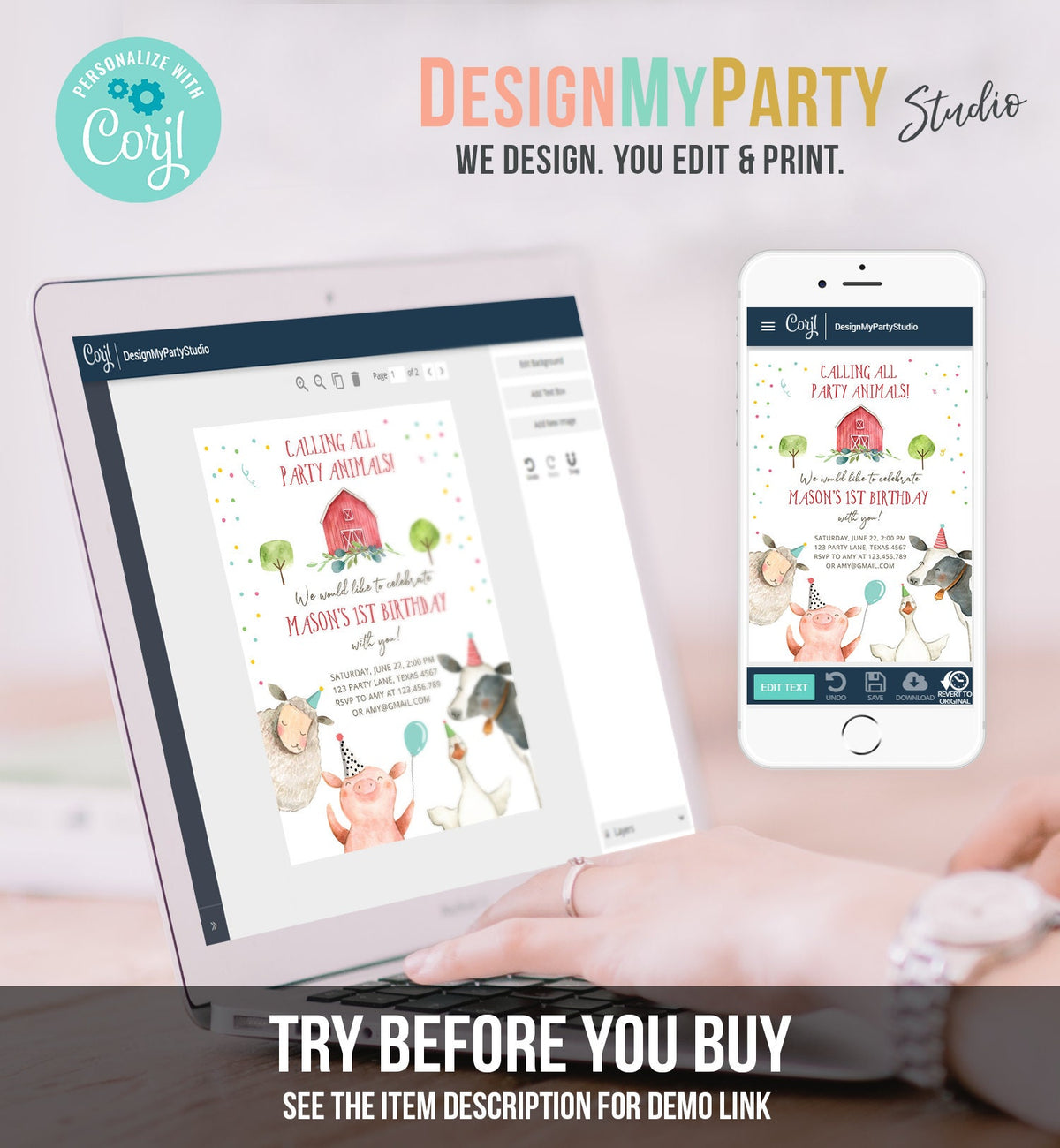 Editable Farm Animals Birthday Invitation Boy Farm Barnyard First Birthday Party Animals Confetti Download Corjl Template Printable 0155