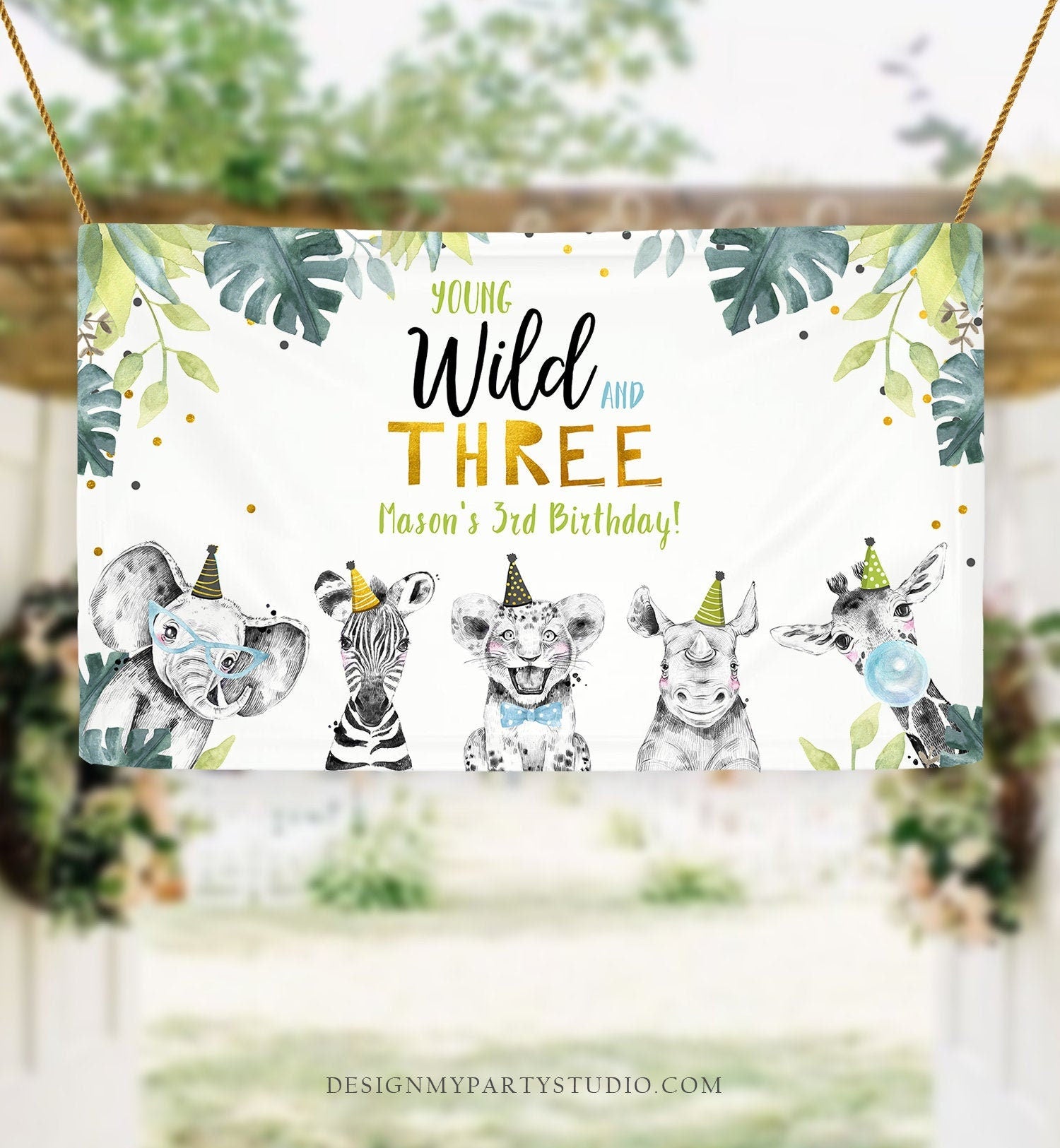 Editable Party Animals Birthday Backdrop Banner Safari Animals Boy Young Wild and Three Welcome Sign Blue Digital Template Printable 0322