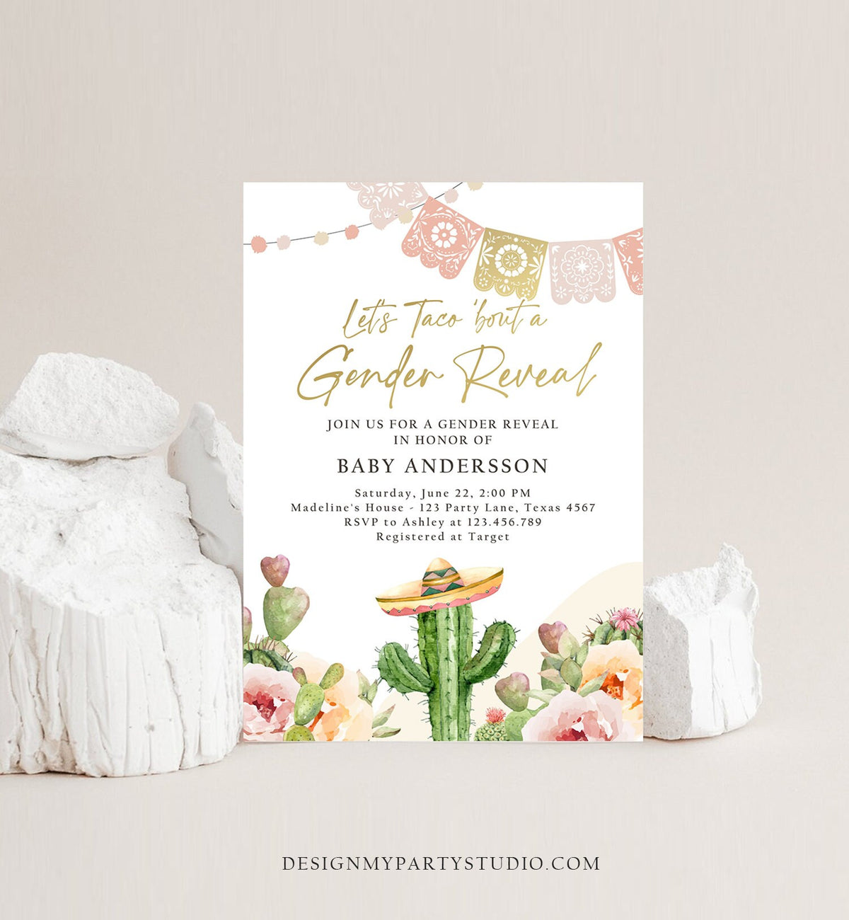 Editable Let&#39;s Taco Bout a Gender Reveal Party Invitation Cactus Mexican Fiesta He or She Boy Girl Watercolor Template Corjl Printable 0419