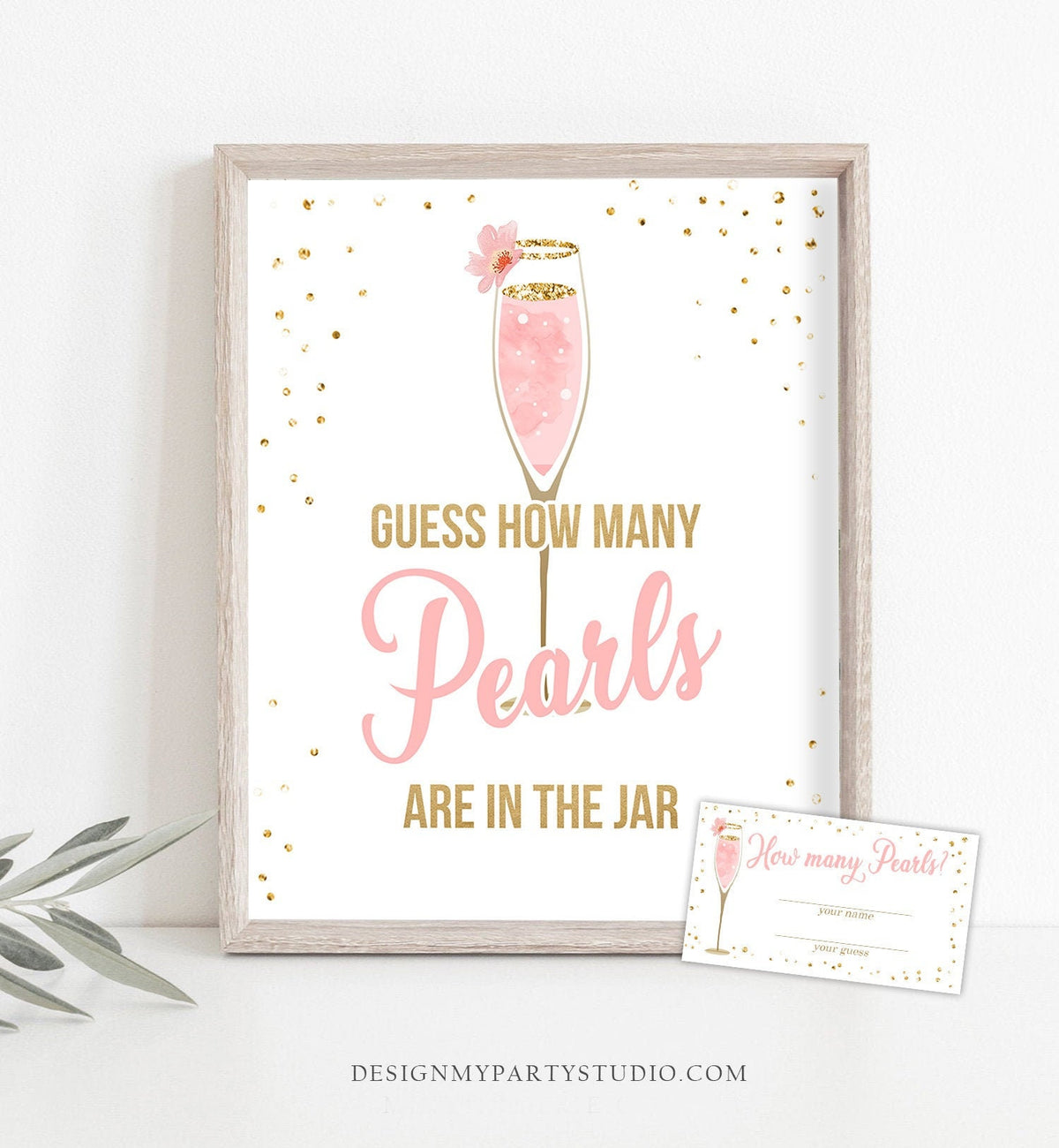 Guess How Many Pearls in the Jar Sign Bridal Shower Party Brunch Bubbly Wedding Champagne Gold Pink Digital Download Printable 0150