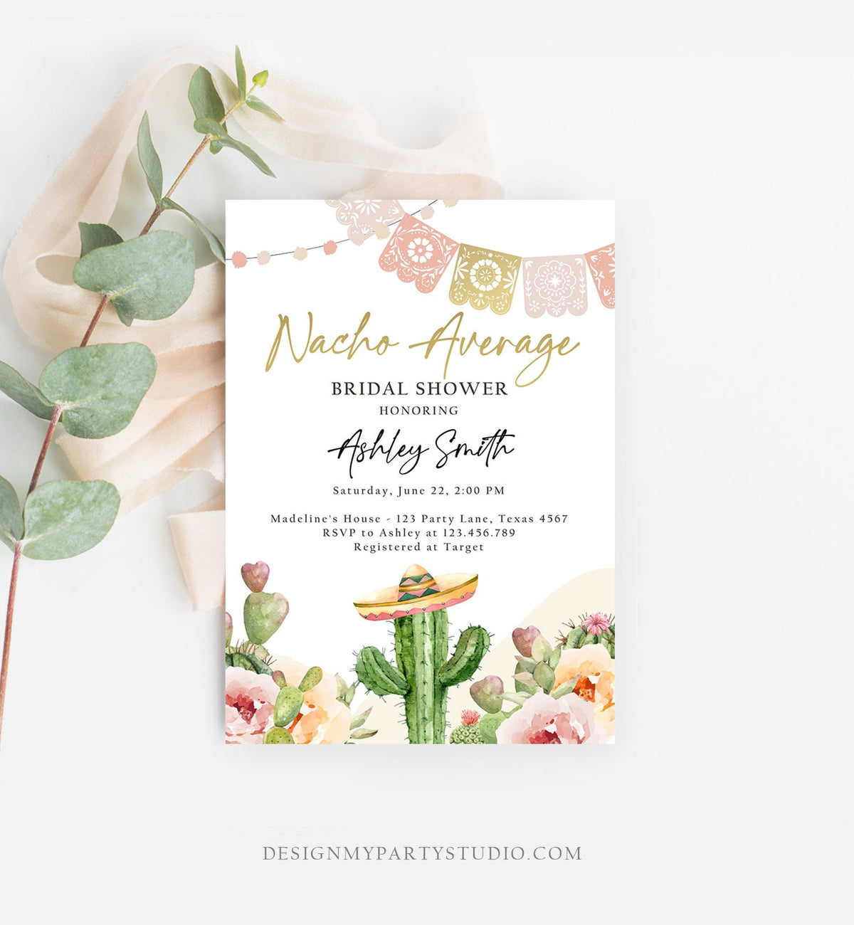 Editable Nacho Average Bridal Shower Invitation Boho Couples Fiesta Mexican Watercolor Cactus Succulent Digital Template Printable 0419