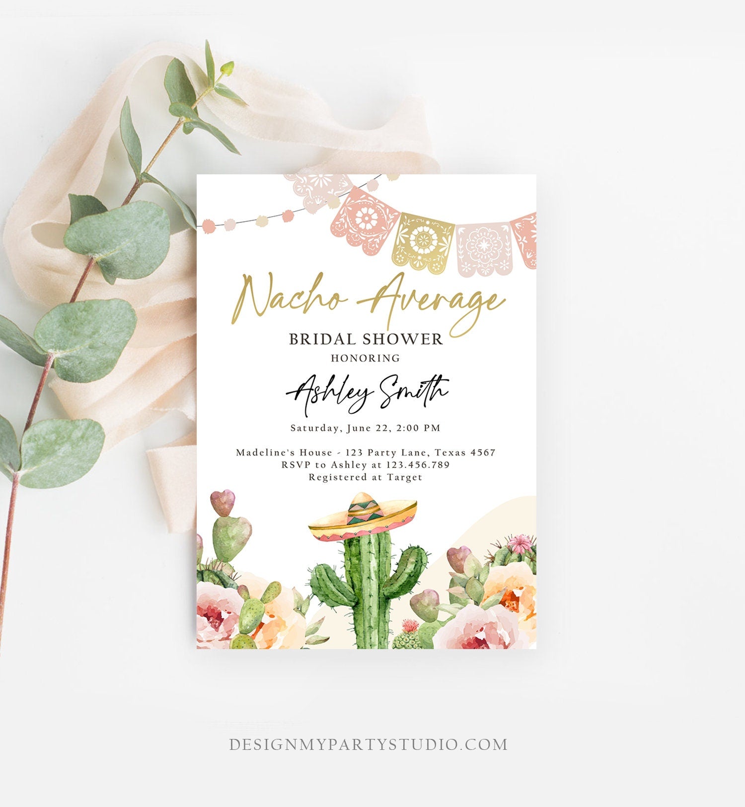 Editable Nacho Average Bridal Shower Invitation Boho Couples Fiesta Mexican Watercolor Cactus Succulent Digital Template Printable 0419