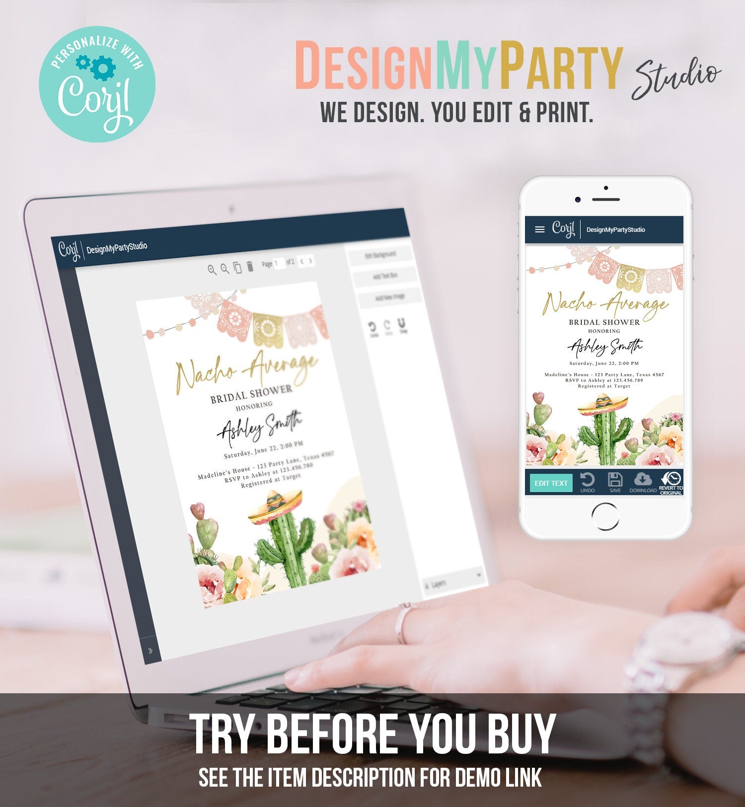Editable Nacho Average Bridal Shower Invitation Boho Couples Fiesta Mexican Watercolor Cactus Succulent Digital Template Printable 0419
