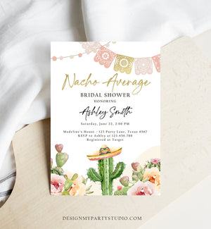Editable Nacho Average Bridal Shower Invitation Boho Couples Fiesta Mexican Watercolor Cactus Succulent Desert Template Corjl Printable 0419