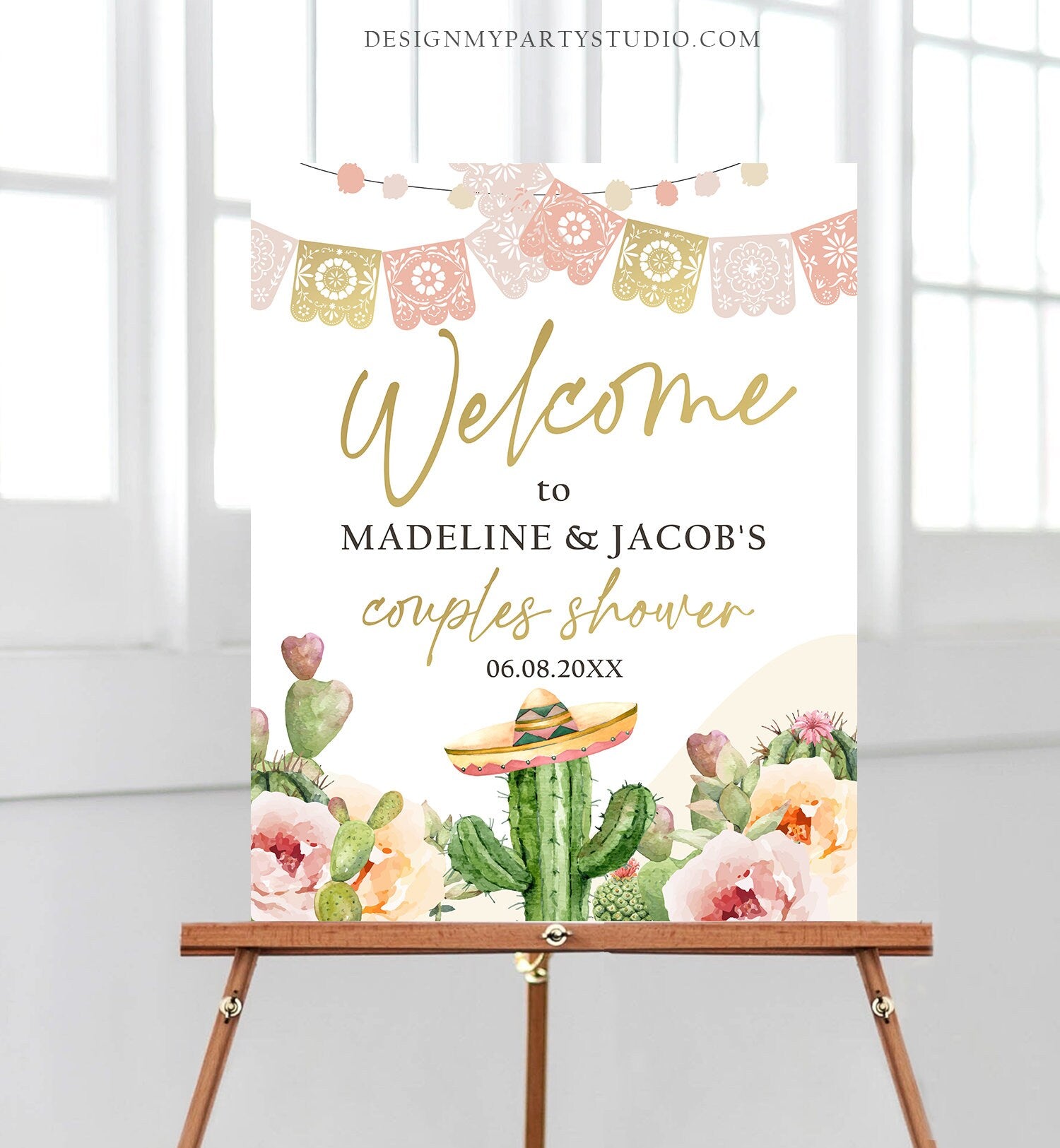Editable Fiesta Cactus Welcome Sign Couples Shower Boho Welcome Mexican Succulent Taco Bout Love Succulent Corjl Template Printable 0419