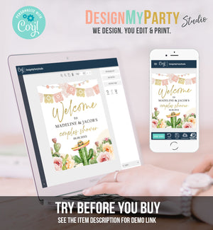 Editable Fiesta Cactus Welcome Sign Couples Shower Boho Welcome Mexican Succulent Taco Bout Love Succulent Corjl Template Printable 0419