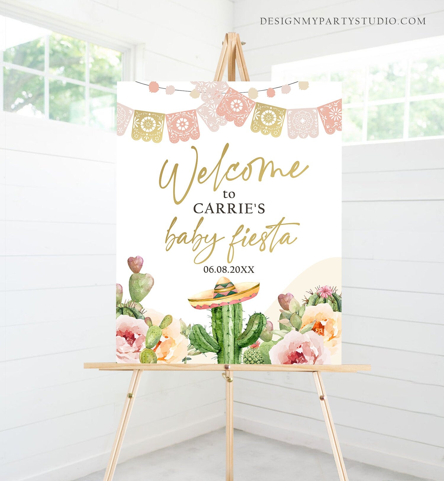 Editable Fiesta Welcome Sign Boho Baby Shower Birthday Watercolor Cactus Mexican Succulent Couples Table Sign Corjl Template Printable 0419