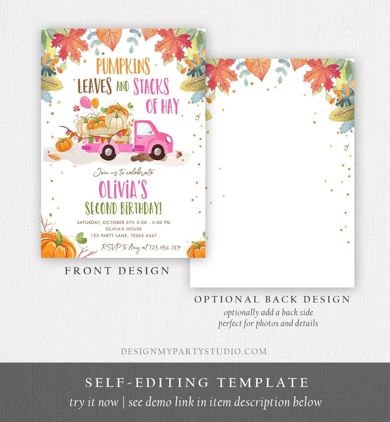 Editable Pumpkin Birthday Invitation Girls Fall Girl Pumpkin Truck Birthday Party Pink Orange Download Printable Invite Template Corjl 0153