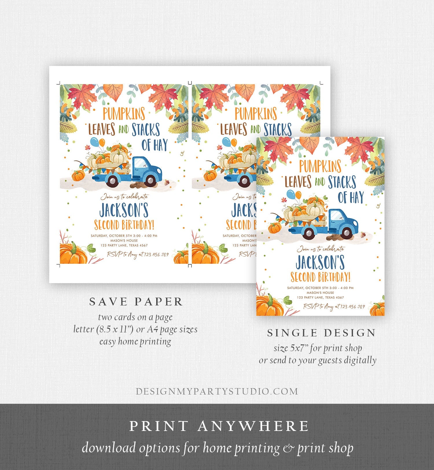 Editable Pumpkin Birthday Invitation Boy Fall Boy Pumpkin Truck Birthday Party Blue Orange Download Printable Invitation Corjl Template 0153