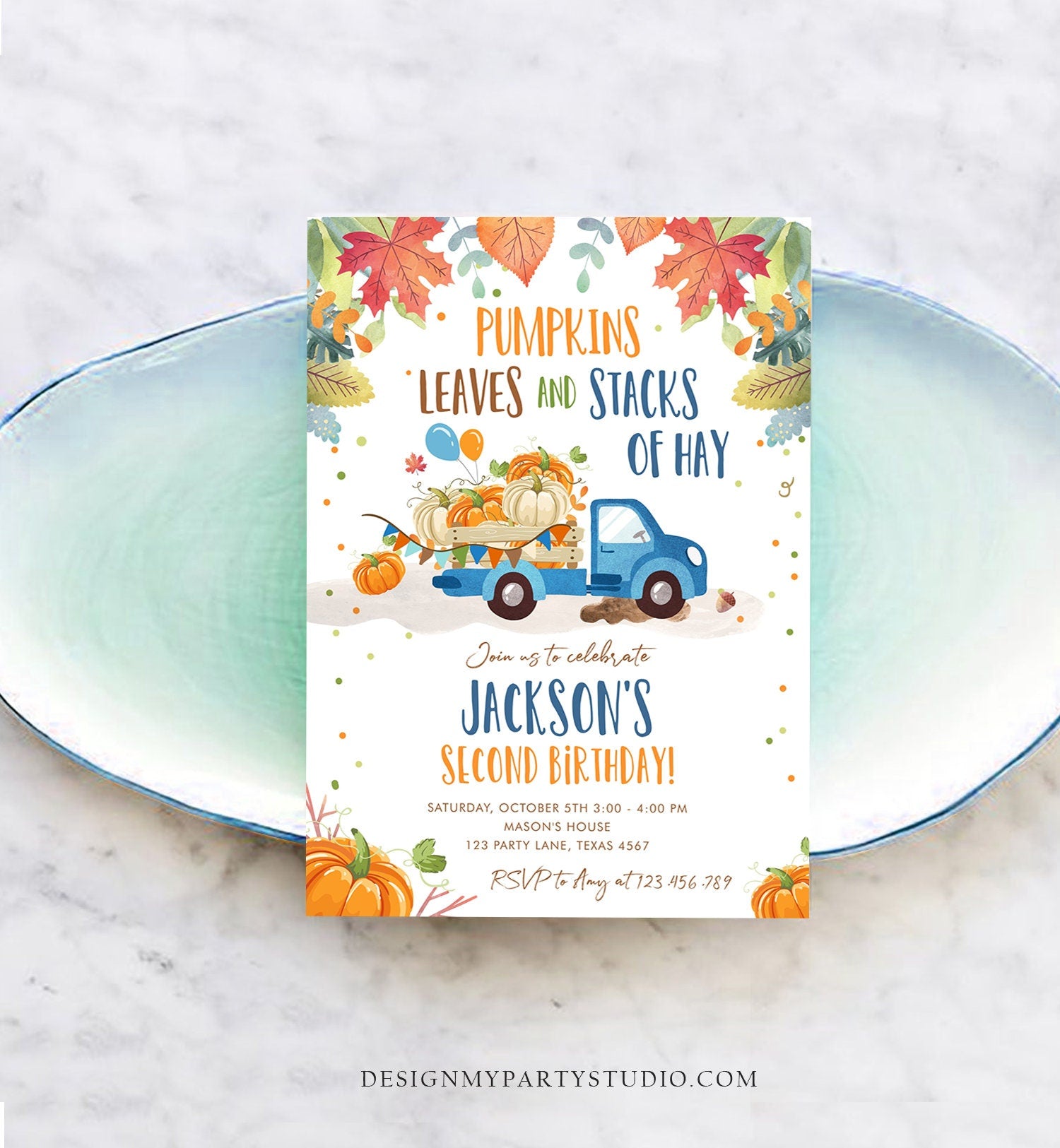 Editable Pumpkin Birthday Invitation Boy Fall Boy Pumpkin Truck Birthday Party Blue Orange Download Printable Invitation Corjl Template 0153