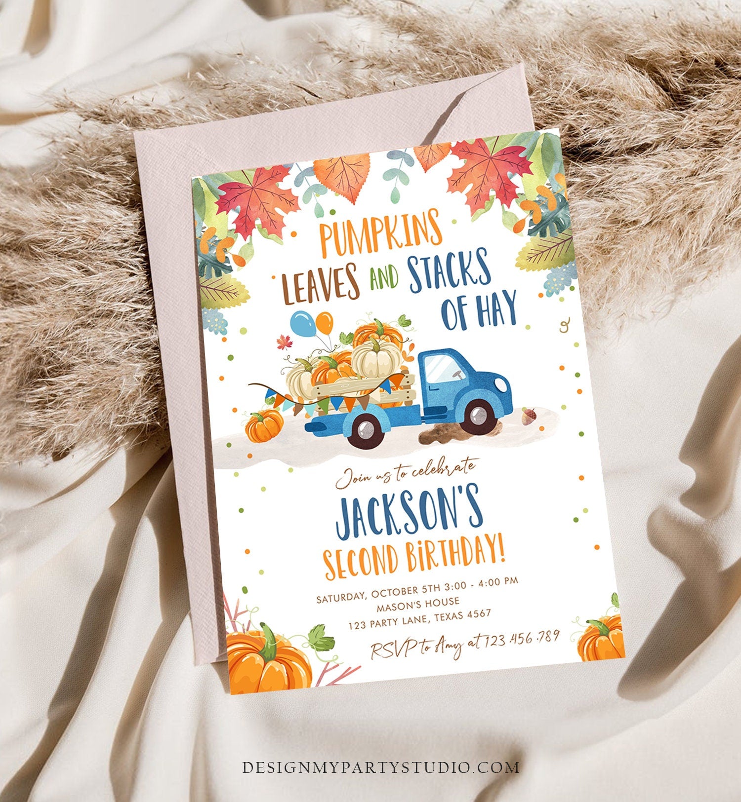 Editable Pumpkin Birthday Invitation Boy Fall Boy Pumpkin Truck Birthday Party Blue Orange Download Printable Invitation Corjl Template 0153