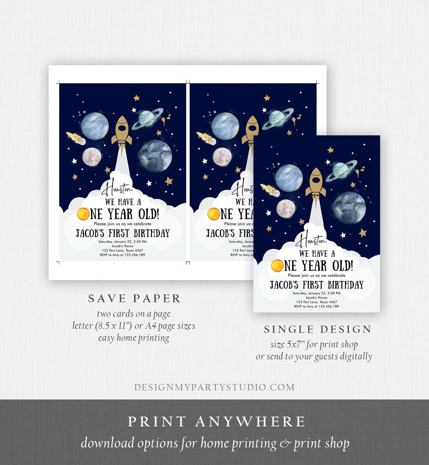 Editable Outer Space First Birthday Invitation Galaxy Houston First Trip Around the Sun One Digital Download Evite Template Printable 0357