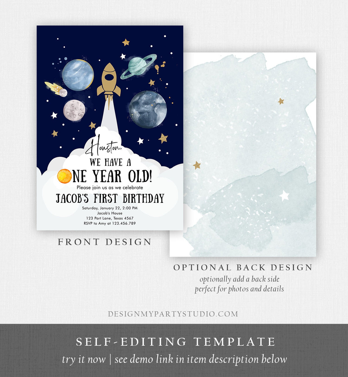Editable Outer Space First Birthday Invitation Galaxy Houston First Trip Around the Sun One Digital Download Evite Template Printable 0357