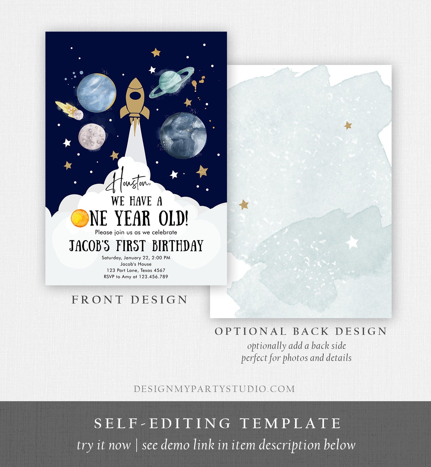 Editable Outer Space First Birthday Invitation Galaxy Houston First Trip Around the Sun One Digital Download Evite Template Printable 0357