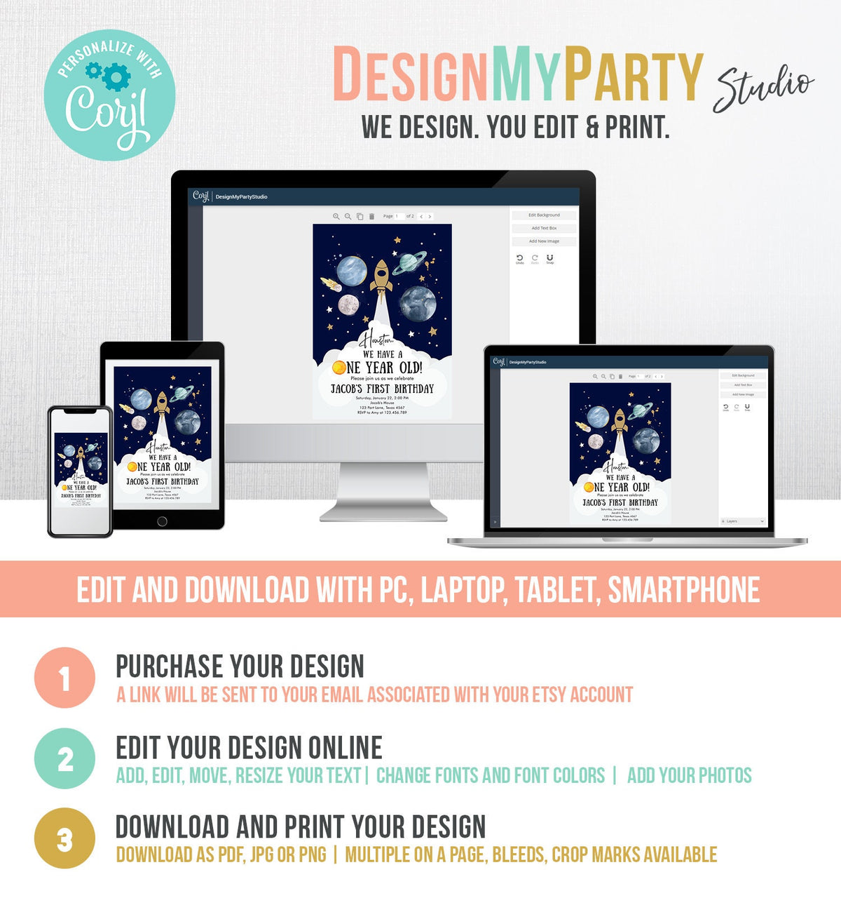 Editable Outer Space First Birthday Invitation Galaxy Houston First Trip Around the Sun One Digital Download Evite Template Printable 0357