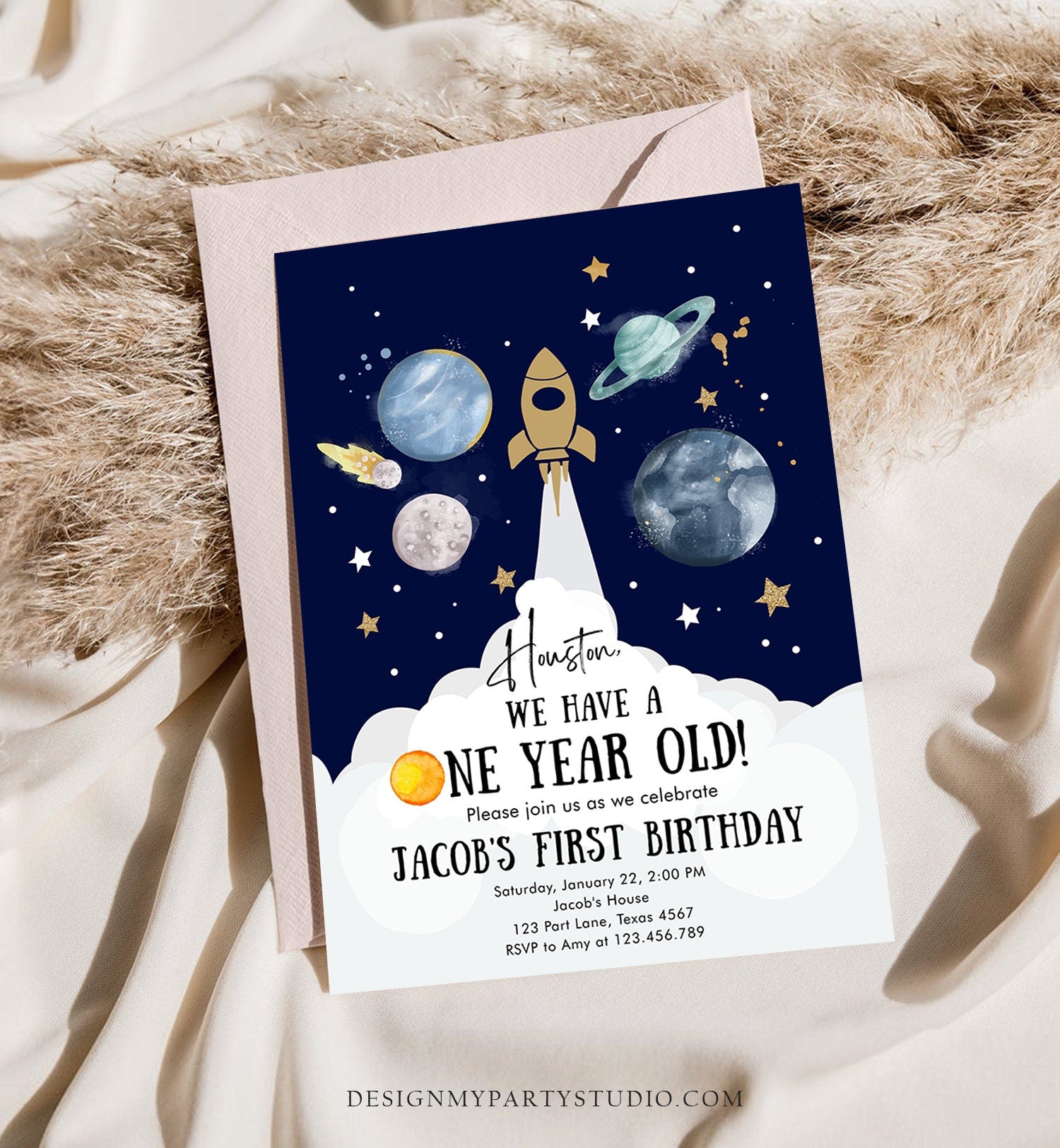 Editable Outer Space First Birthday Invitation Galaxy Houston First Trip Around the Sun One Digital Download Evite Template Printable 0357