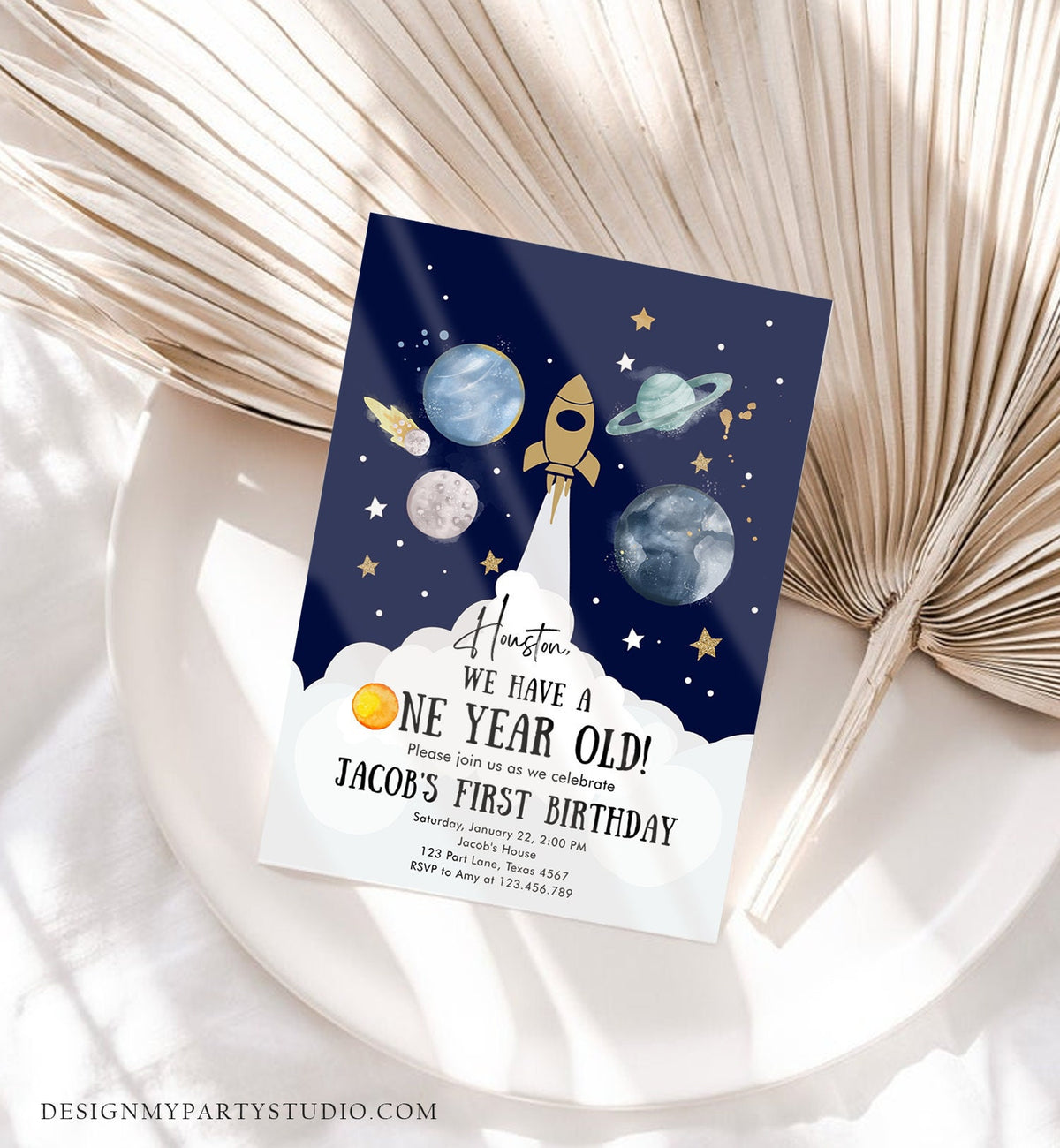 Editable Outer Space First Birthday Invitation Galaxy Houston First Trip Around the Sun One Digital Download Evite Template Printable 0357