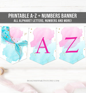 Mermaid Alphabet Banner Letters A to Z Numbers Mermaid Birthday Banner Girl Teal Blue Pink Gold Party Decor Baby Shower DIY Printable 0403
