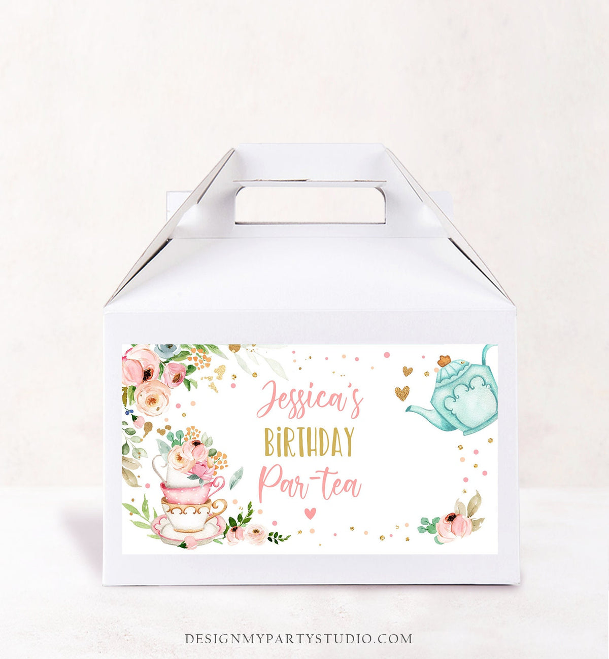 Editable Tea Party Gable Gift Box Label Tea Birthday Par-tea Girl Treat Box Label Floral Pink Favor Digital Download Template Printable 0349