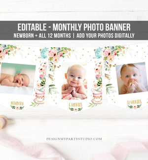 Editable Tea Party First Birthday Banner Monthly Photo Banner Par-Tea 1st Pink Gold Girl Floral Tea Whimsical Corjl Template Printable 0349