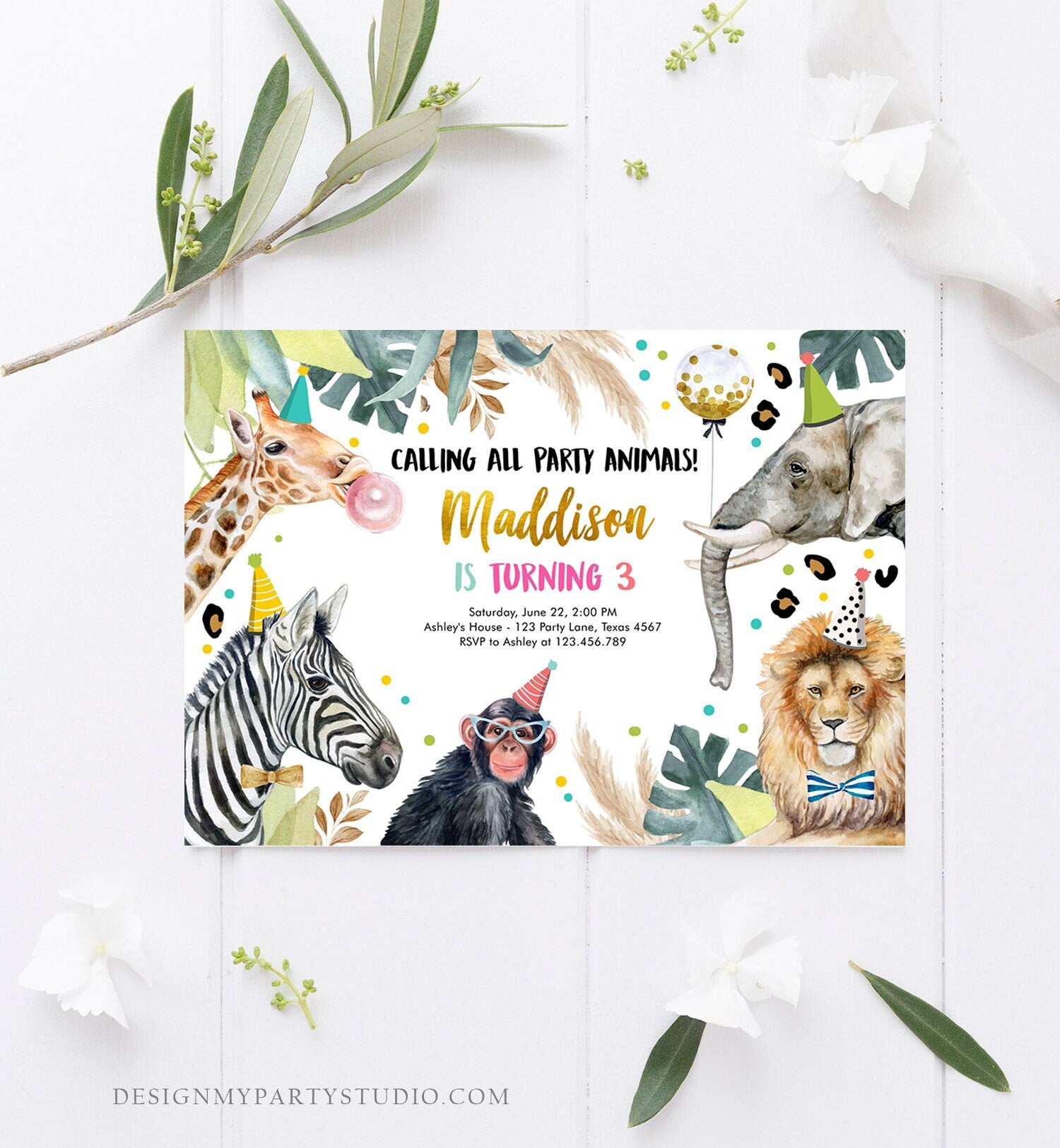 Editable Party Animals Birthday Invitation Wild One Animals Zoo Party Safari Animals Girl Digital Download Evite Template Printable 0417