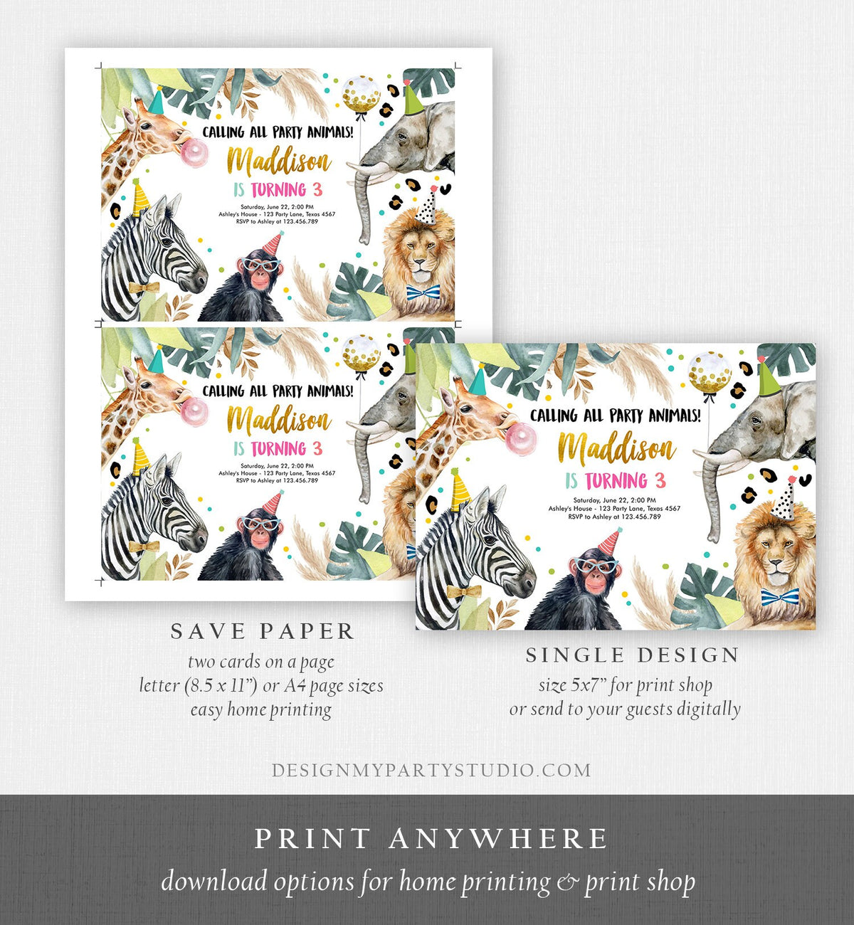 Editable Party Animals Birthday Invitation Wild One Animals Zoo Party Safari Animals Girl Digital Download Evite Template Printable 0417