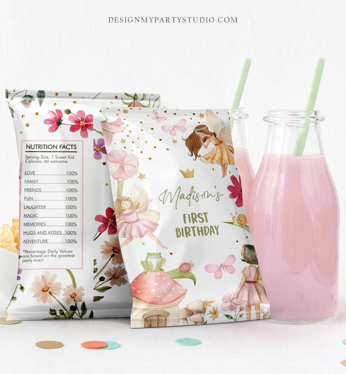 Editable Fairy Birthday Chip Bag Fairy Party Decor Girl 1st Birthday Fairy Garden 1st Birthday Girl Snack Favors Digital Corjl Template 0406
