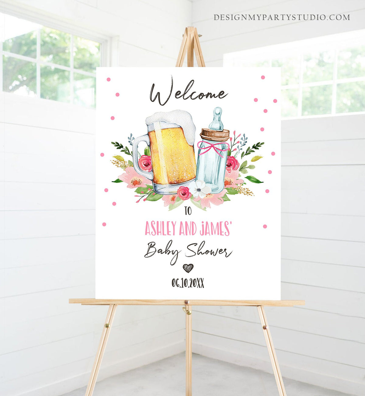 Editable A Baby is Brewing Welcome Sign Brewing Baby Shower Bottle and Beers Cheers Coed Couples Shower Gender Girl Pink Corjl Template 0190