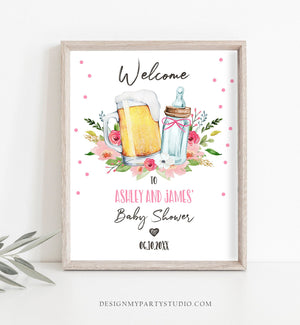 Editable A Baby is Brewing Welcome Sign Brewing Baby Shower Bottle and Beers Cheers Coed Couples Shower Gender Girl Pink Corjl Template 0190