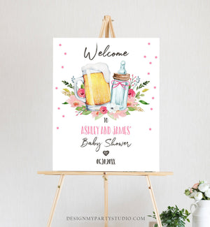 Editable A Baby is Brewing Welcome Sign Brewing Baby Shower Bottle and Beers Cheers Coed Couples Shower Gender Girl Pink Corjl Template 0190