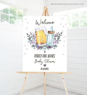 Editable A Baby is Brewing Welcome Sign Brewing Baby Shower Bottle and Beers Cheers Coed Couples Shower Lavender Purple Corjl Template 0190