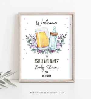 Editable A Baby is Brewing Welcome Sign Brewing Baby Shower Bottle and Beers Cheers Coed Couples Shower Lavender Purple Corjl Template 0190