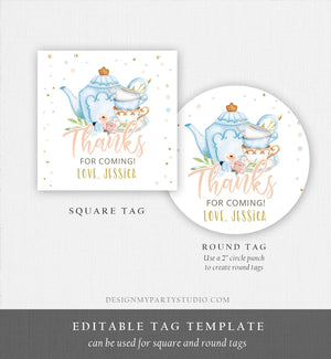 Editable Tea Party Favor Tag Sticker Baby Shower Baby is Brewing Floral Blue Gold Whimsical Girl Square Round Template Corjl Printable 0349