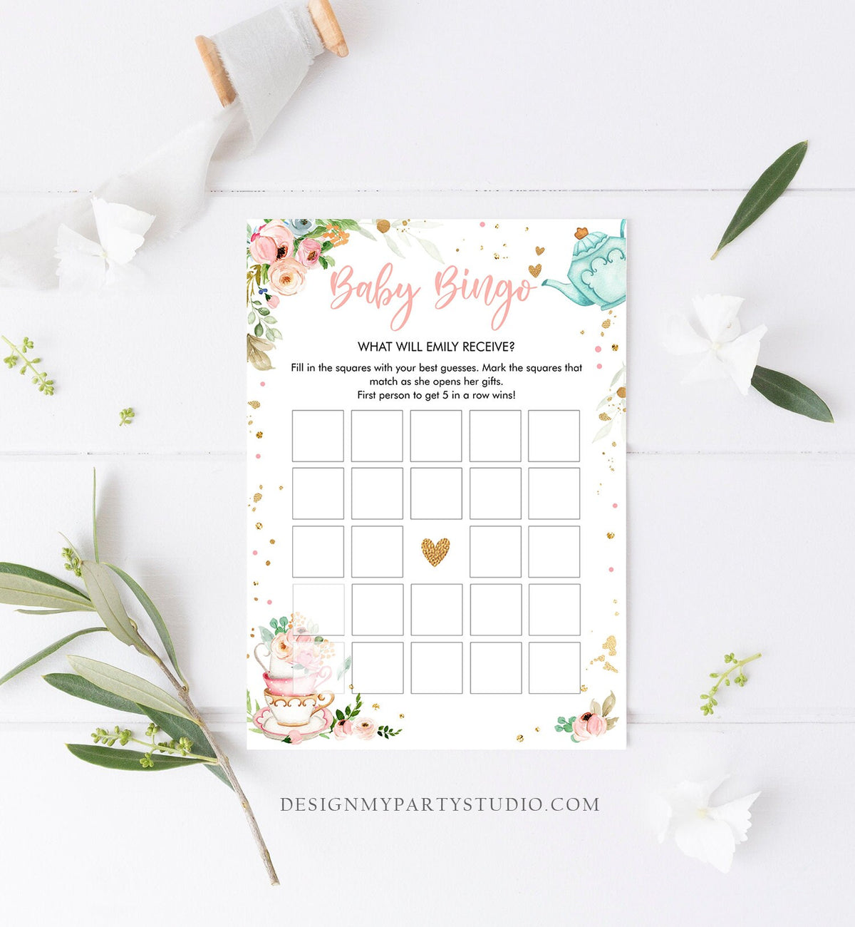 Editable Baby Bingo Game Tea Party Baby is Brewing Girl Blush Pink Gold Couples Sprinkle Brunch Bubbly Digital Template Printable 0349