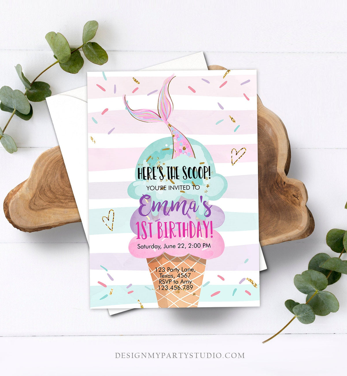 Editable Mermaid Ice Cream Birthday Invitation Under The Sea Here&#39;s the Scoop Cone Rainbow Ice Cream Party Printable Template Corjl 0243