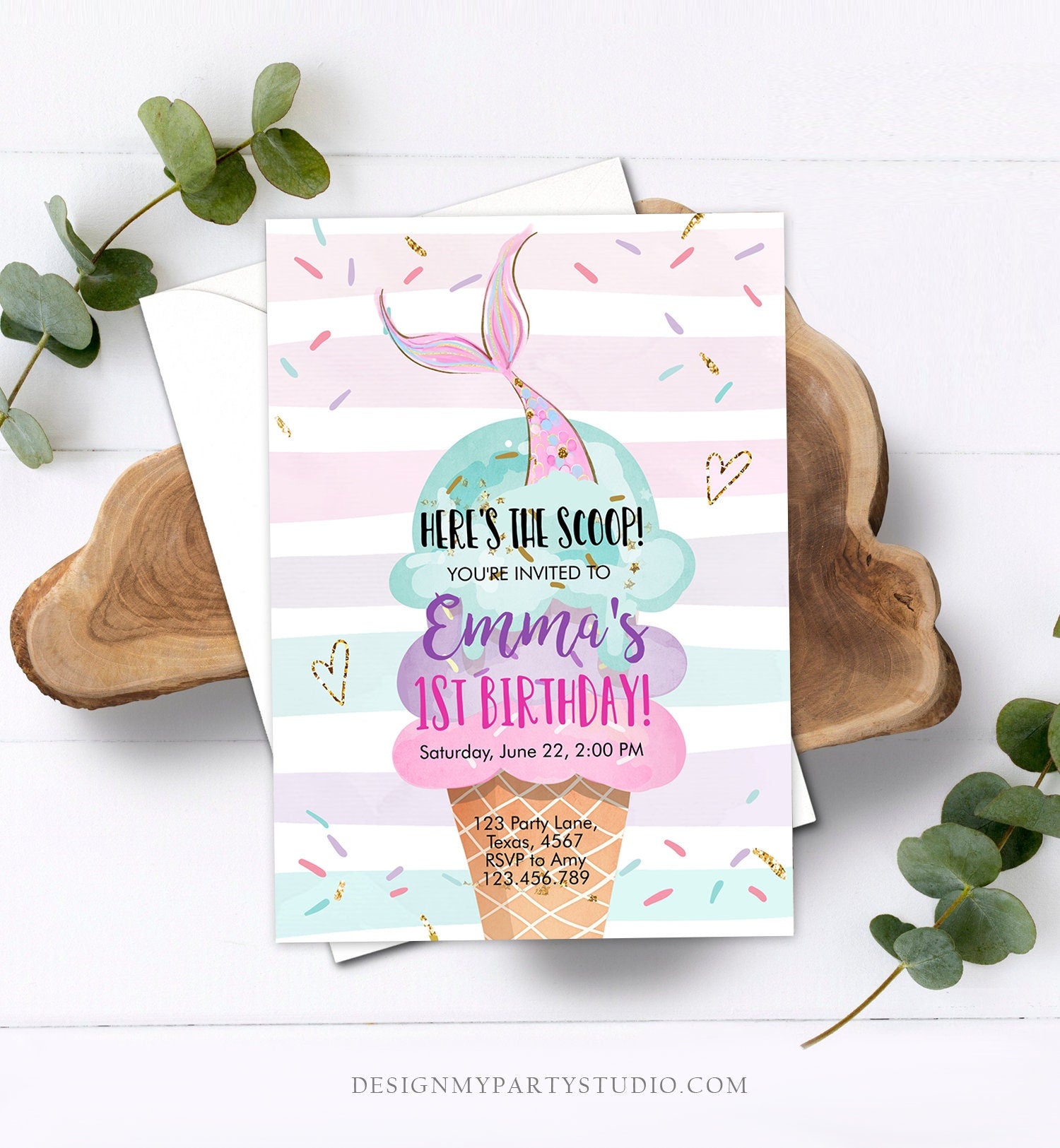 Editable Mermaid Ice Cream Birthday Invitation Under The Sea Here's the Scoop Cone Rainbow Ice Cream Party Printable Template Corjl 0243