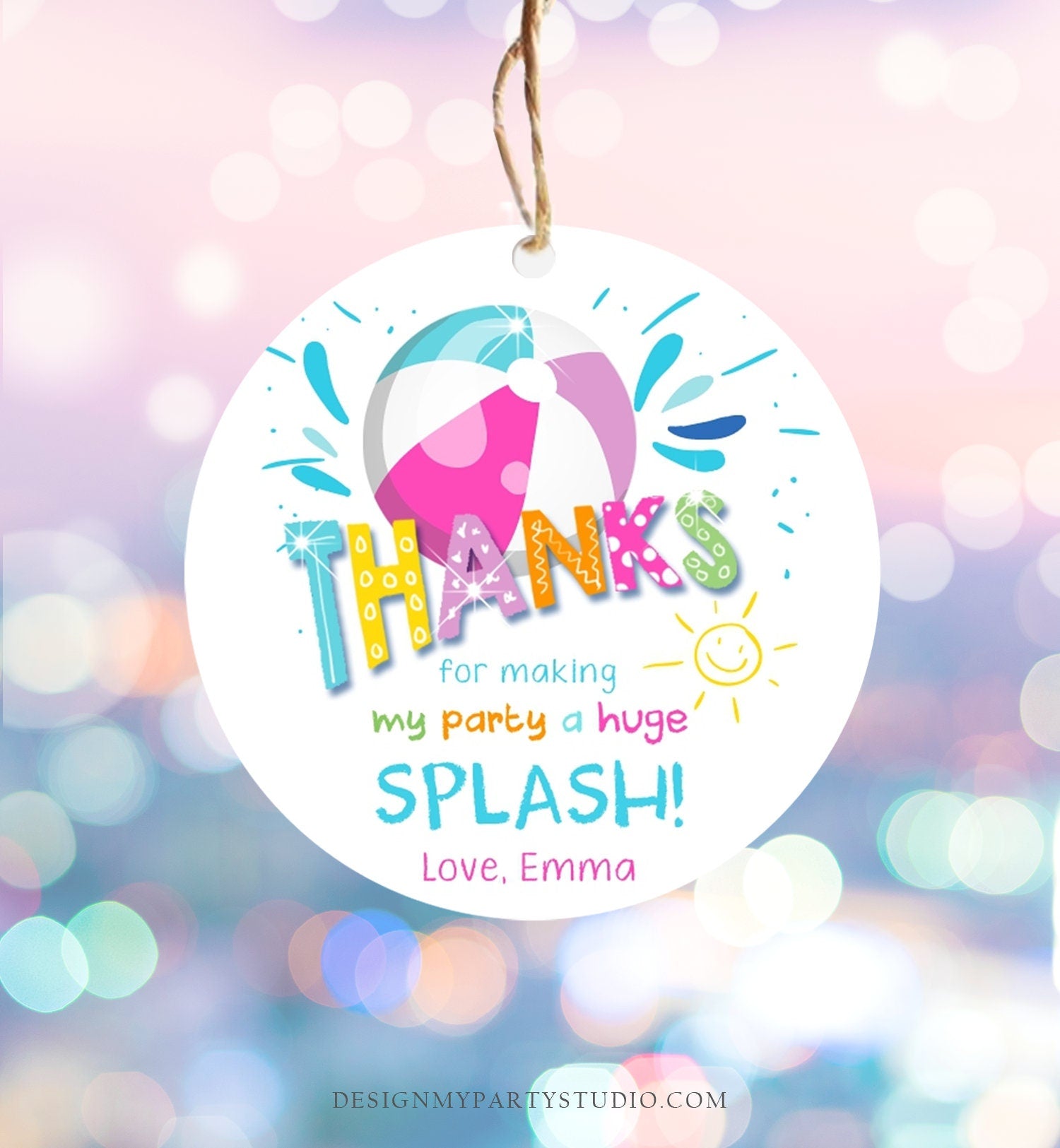 Editable Pool Party Thank You Tags Splish Splash Birthday Bash Girl Pink Favor Tag Label Round Square Sticker Corjl Template Printable 0169