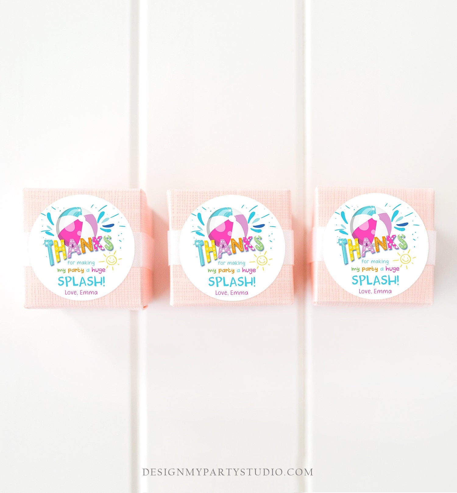 Editable Pool Party Thank You Tags Splish Splash Birthday Bash Girl Pink Favor Tag Label Round Square Sticker Corjl Template Printable 0169