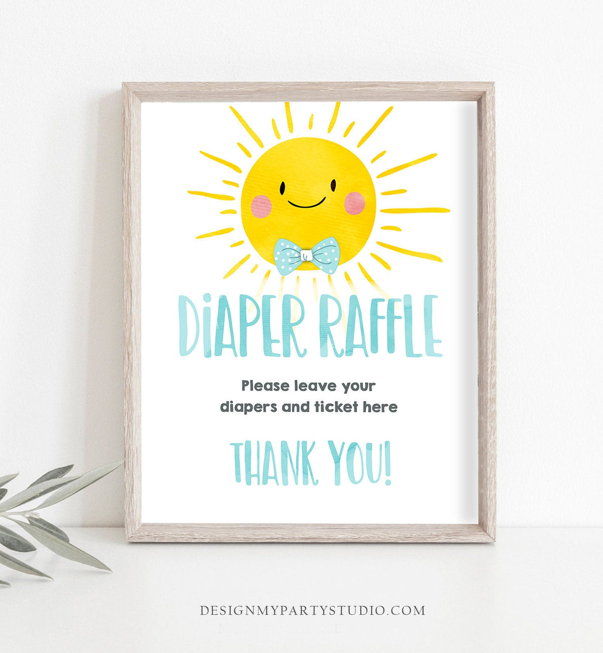 Diaper Raffle Sign Sunshine Baby Shower Diaper Ticket Table Sign Boy Blue Yellow Bow Tie Little Sunshine Sun Digital Download Printable 0141