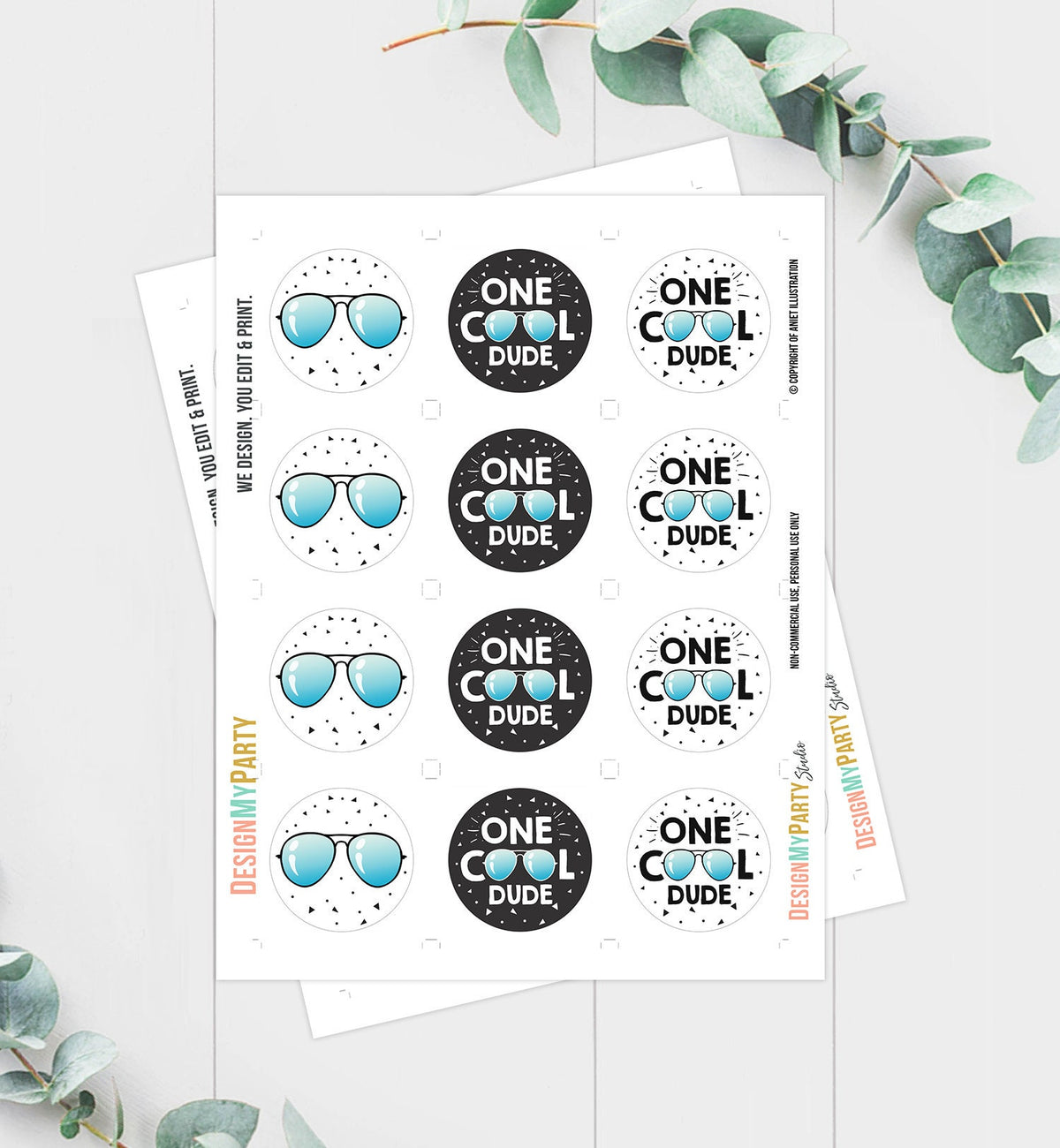 One Cool Dude Cupcake Toppers Favor Tags Boy 1st Birthday Party Decoration First Birthday Blue Summer Pilot Digital Download Printable 0136