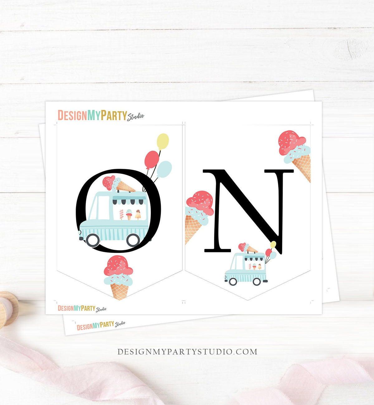 Ice Cream Truck High Chair Banner Modern Mint Blue Ice Cream 1st First Birthday Boy High Chair ONE Banner Sweet One PRINTABLE Digital 0415