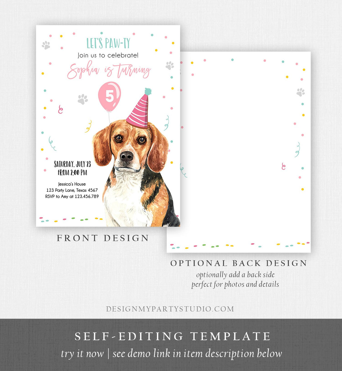 Editable Dog Birthday Party Invitation Beagle Birthday Invite Pink Girl Come Sit Stay Party Animal Digital Download Template Printable 0384