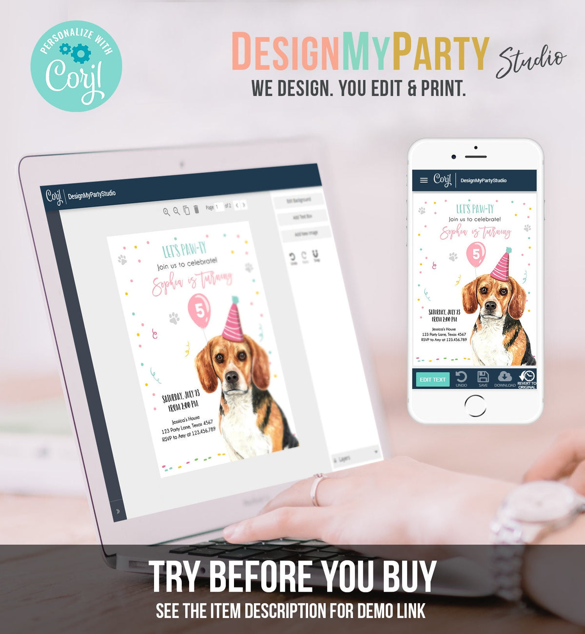 Editable Dog Birthday Party Invitation Beagle Birthday Invite Pink Girl Come Sit Stay Party Animal Digital Download Template Printable 0384