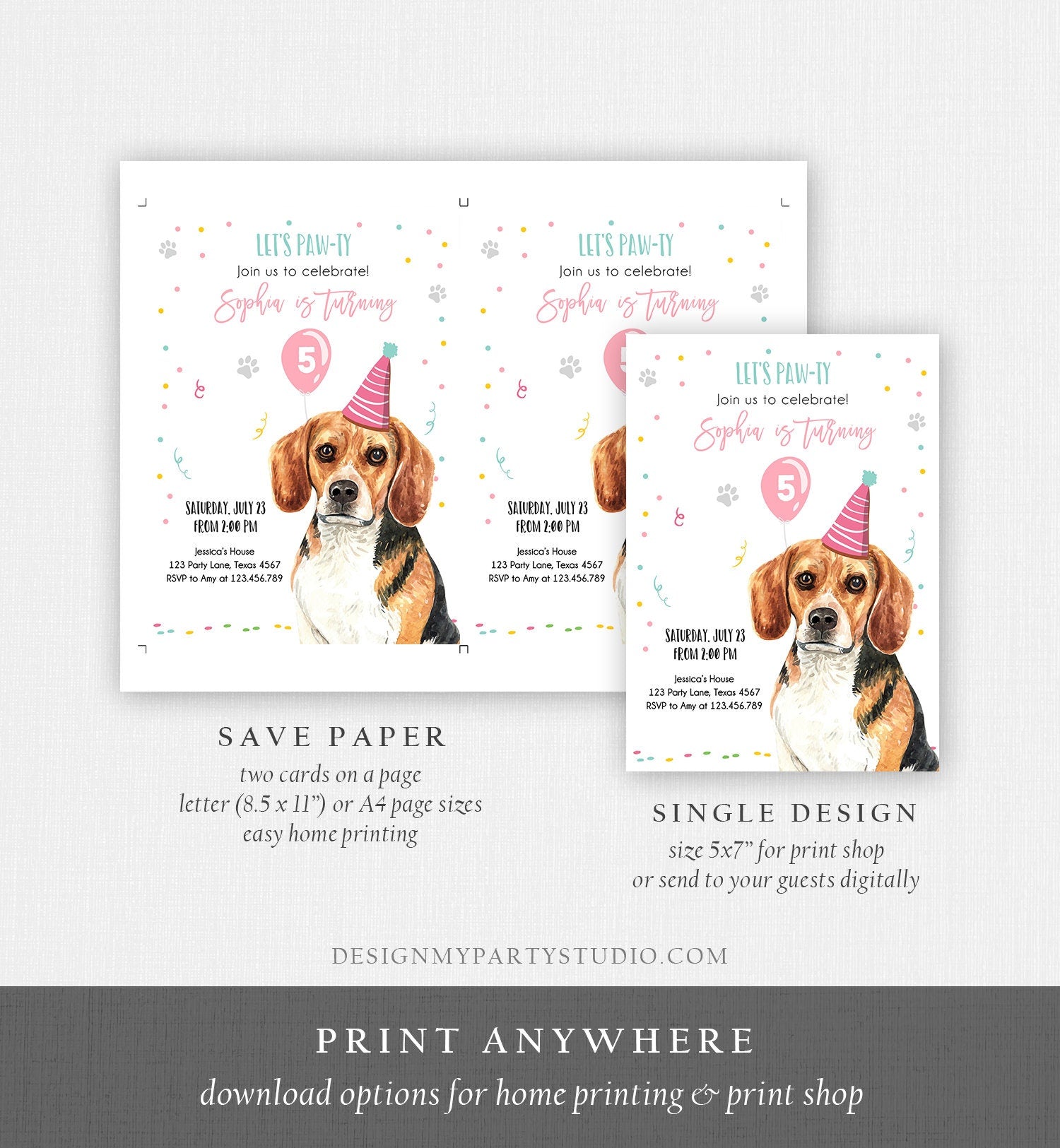 Editable Dog Birthday Party Invitation Beagle Birthday Invite Pink Girl Come Sit Stay Party Animal Digital Download Template Printable 0384