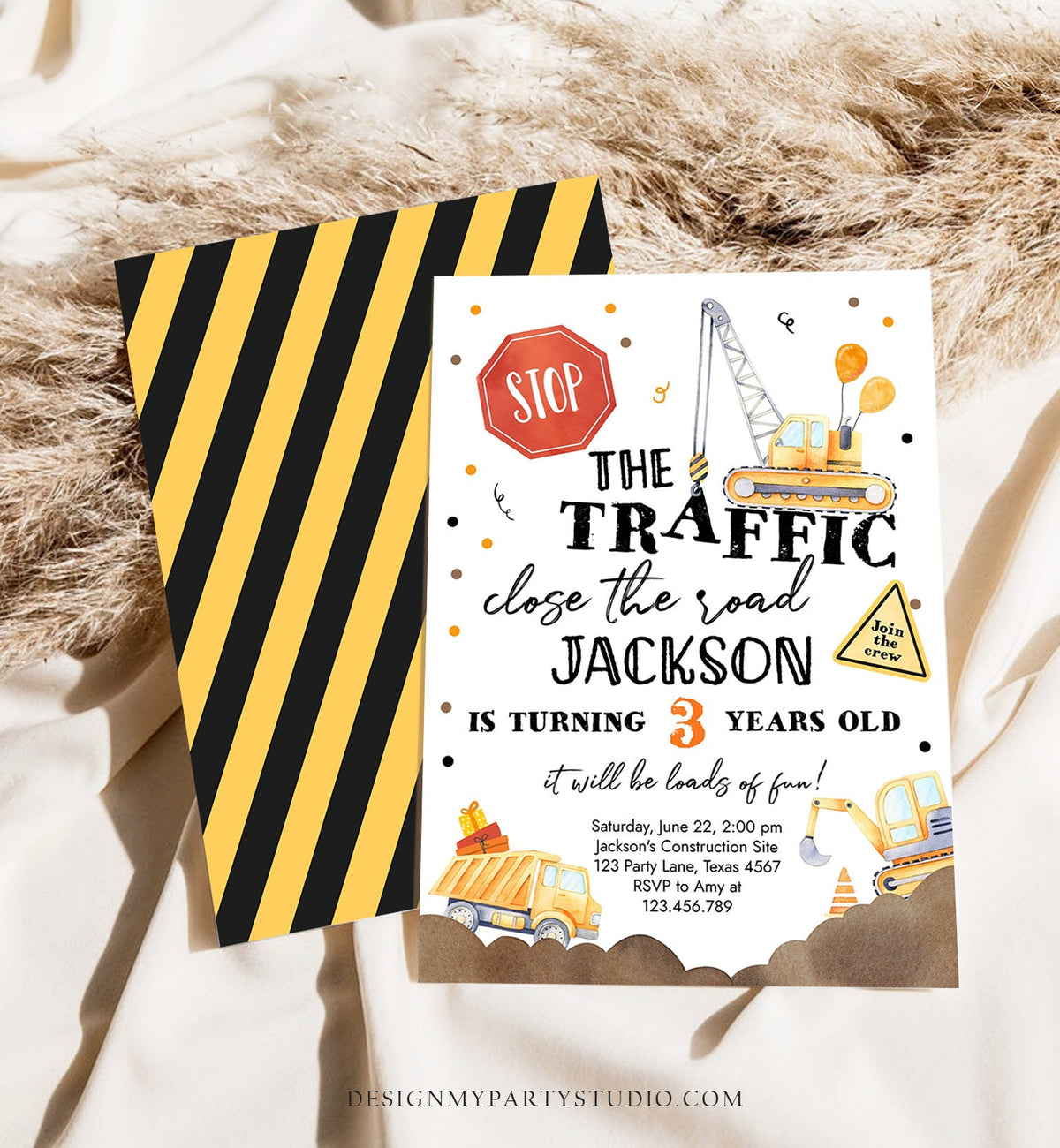 Editable Construction Birthday Invitation Yellow Dump Truck Invite Caution Party Boy Evite Digital Download Template Printable 0374