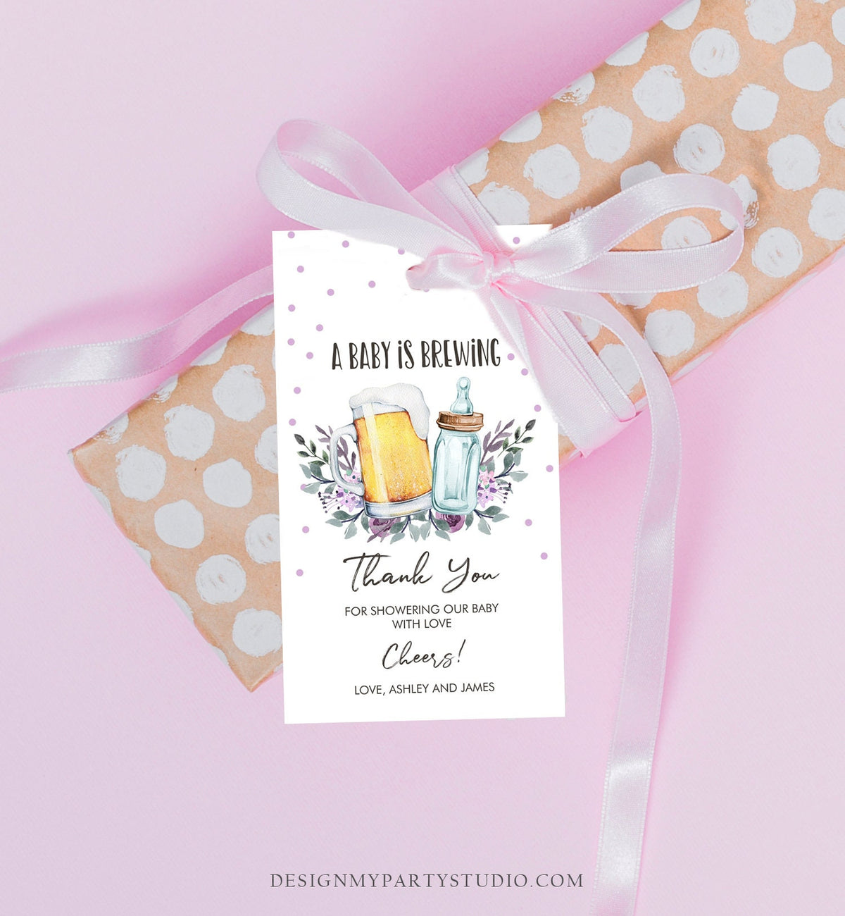 Editable A Baby is Brewing Baby Shower Favor Tags Beer Baby Shower Thank you Tag Purple Lavender Label Tags Gift Tags Template Corjl 0190