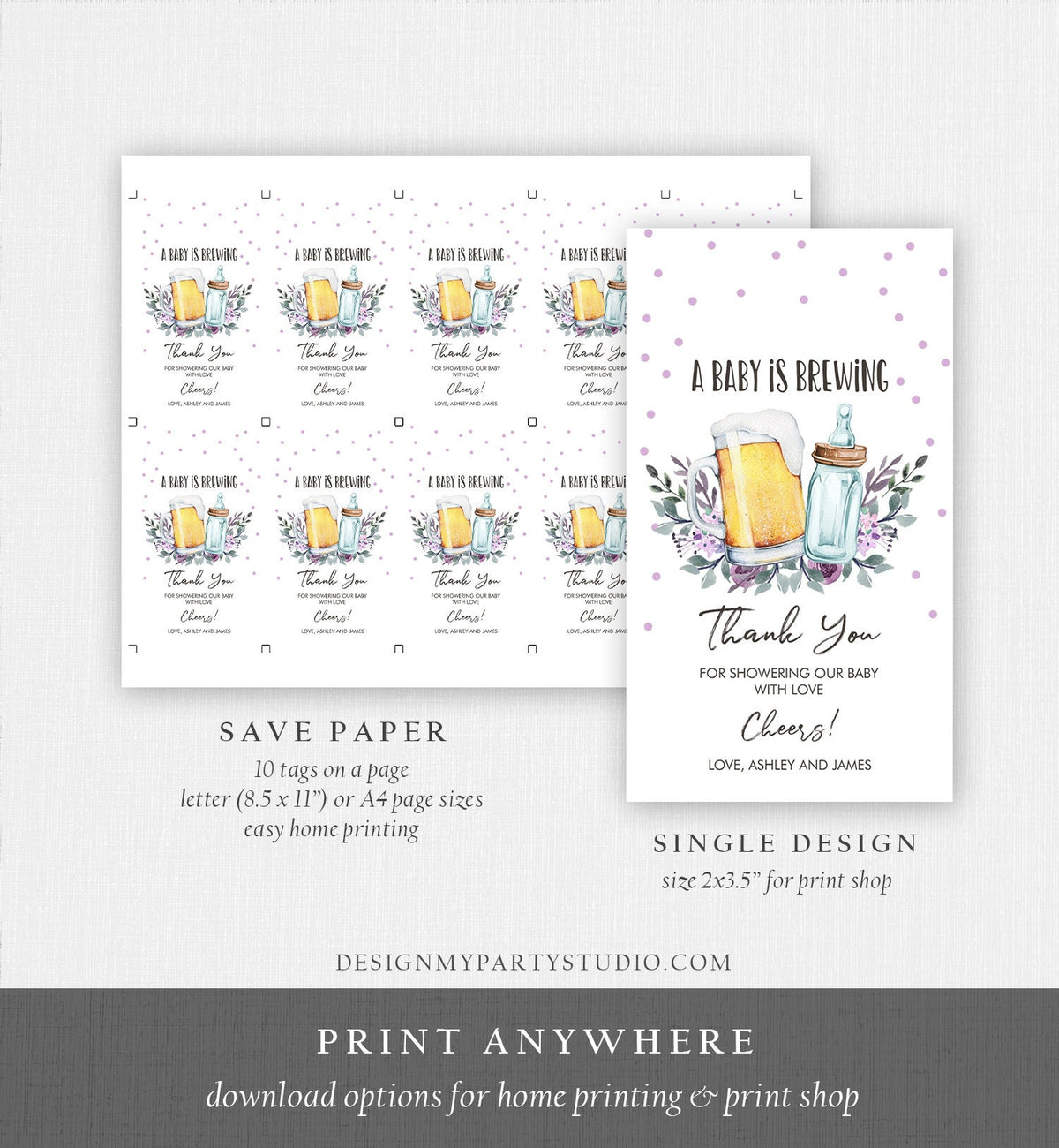 Editable A Baby is Brewing Baby Shower Favor Tags Beer Baby Shower Thank you Tag Purple Lavender Label Tags Gift Tags Template Corjl 0190