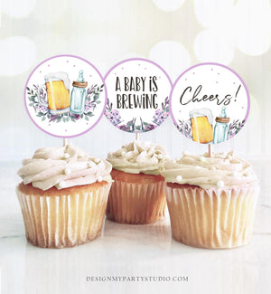 A Baby is Brewing Cupcake Toppers Favor Tags Bottle and Beers Baby Shower Cheers Party Decor Shower Greenery Purple Digital PRINTABLE 0190