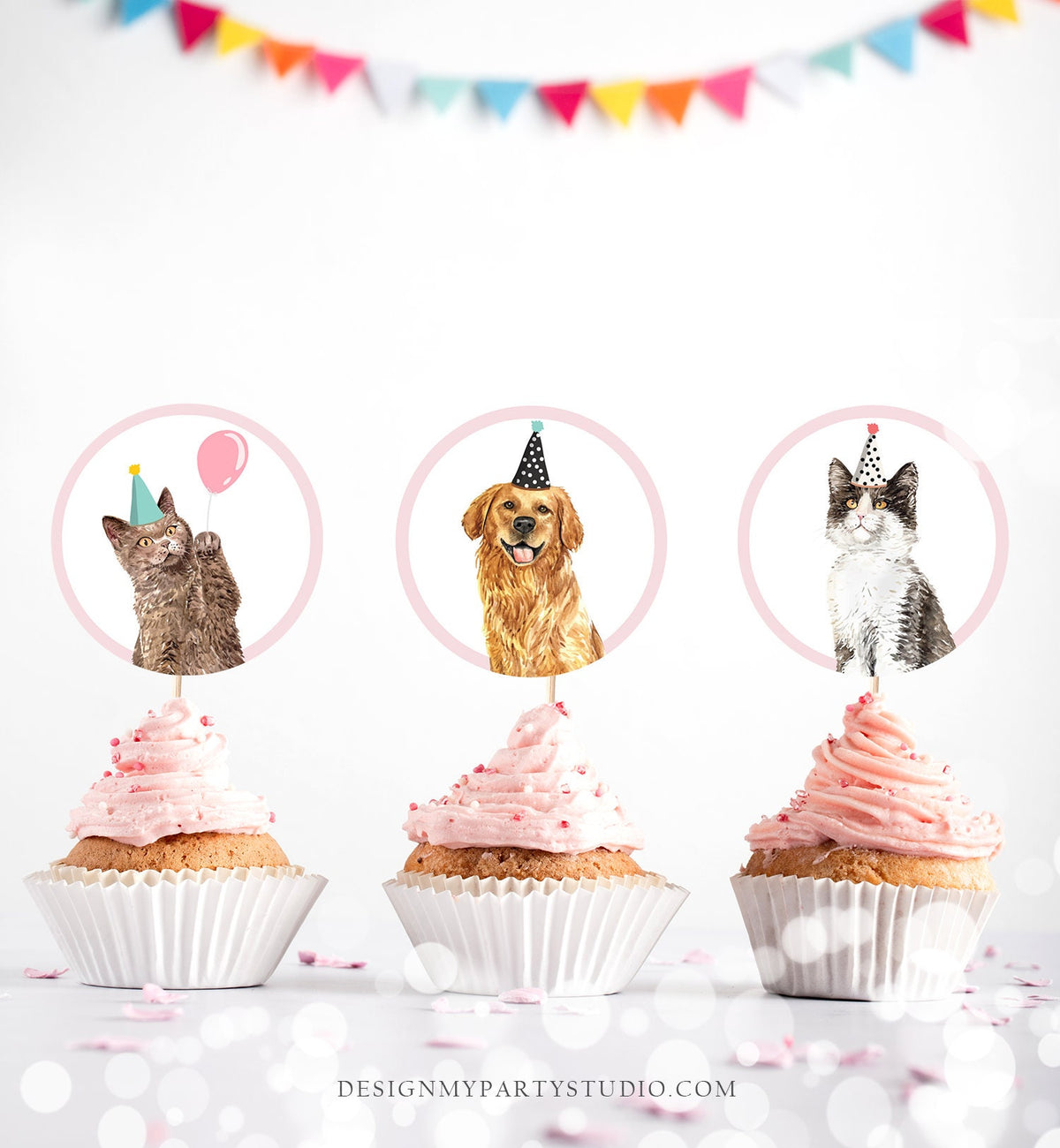 Cats and Dogs Cupcake Toppers Puppy Favor Tags Puppy Birthday Kitten Pink Girl Pet Party Pup Puppies Decor Digital Download Printable 0384
